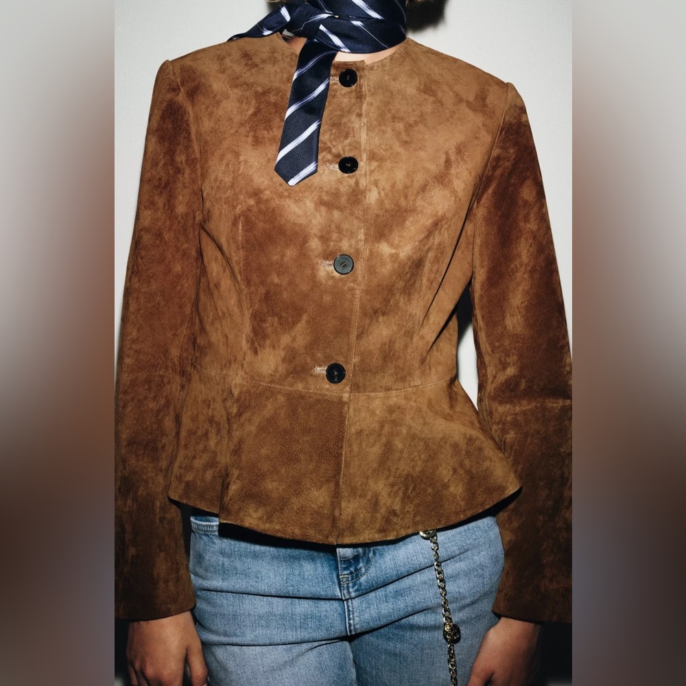 100% SUEDE LEATHER FLARED HEM JACKET - Picture 11 of 16